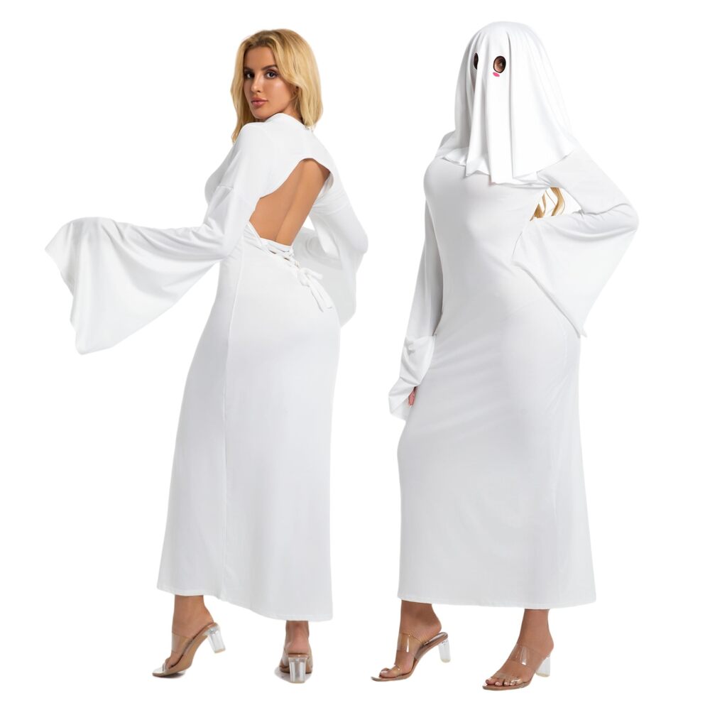 9508 Halloween Ghost Costume Sexy White Ghost Backless Dress with Mask